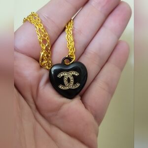 Chanel CC Black Rhinestone Heart Pendant On Unbranded Chain Necklace